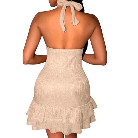Shein Allurite Deep Vneck Halter Ruffle hem mini dress beige Size Small Festival - Picture 2 of 8